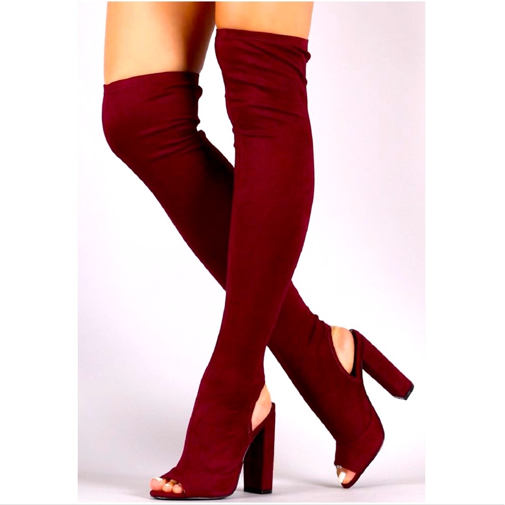 Faux suede over the knee, peep toe, chunky heel Boots